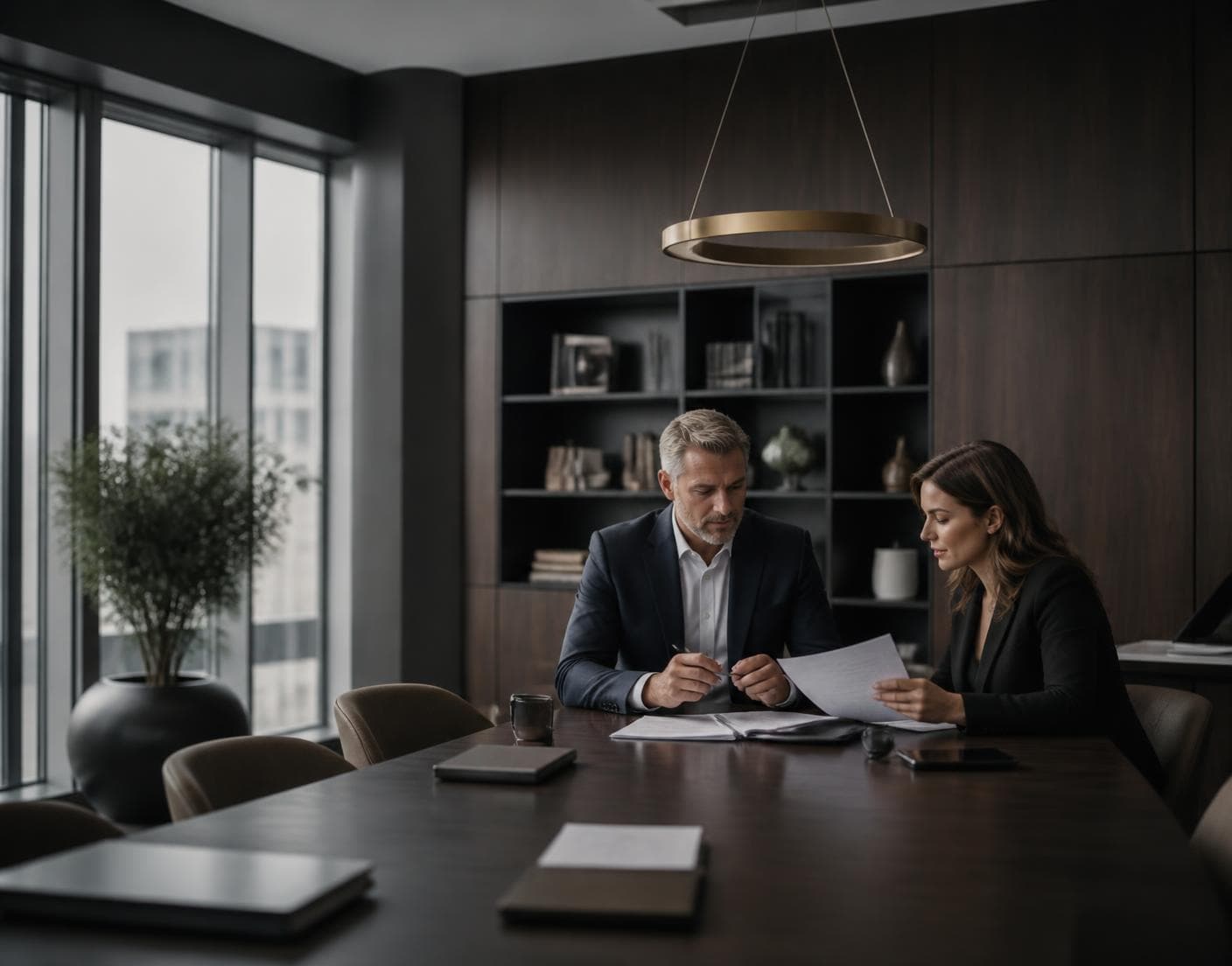 Business owners reviewing documents in a modern office