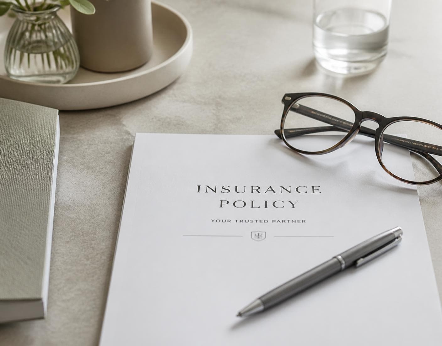 Insurance policy documents, reading glasses and a pen on a desk